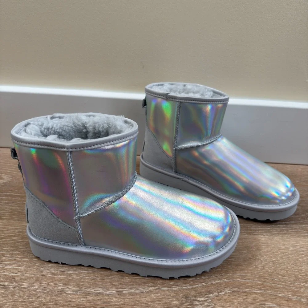 UGG Australia Classic Mini Iridescent Ankle Boots Silver Gray Women's Size US 5